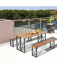 Costway 3 Pcs Outdoor Acacia Wood Patio Dining Table Bench Set with 2'' Umbrella Hole