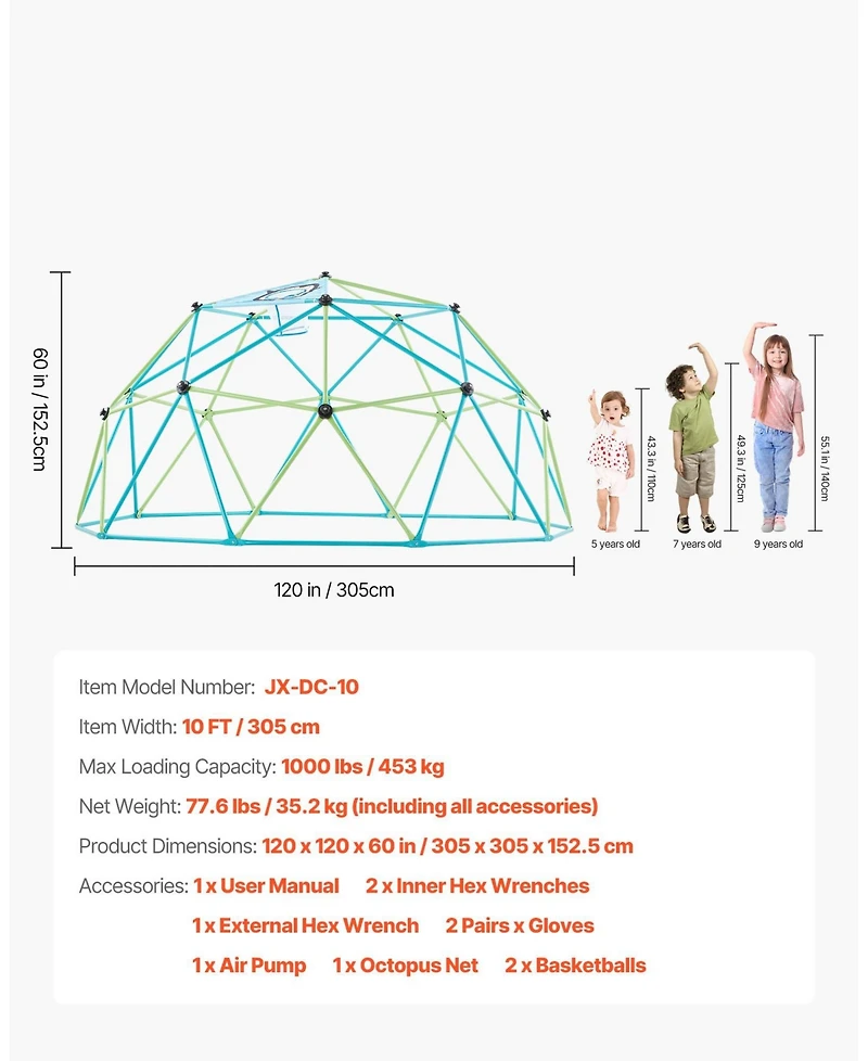 Mecale Climbing Dome, 10 ft Geometric Dome Climber with Octopus Net and 2 Basketballs, 1000 lb Capacity