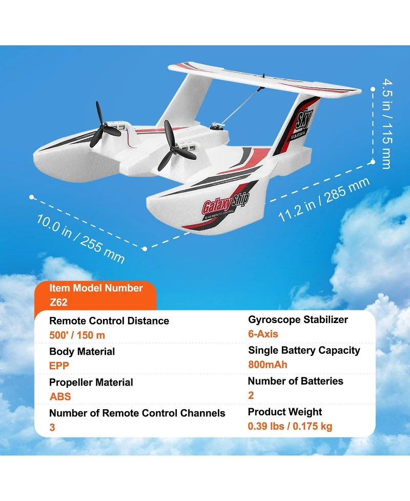 Mecale Rc Plane, 2.4GHz 3-Channel Amphibious Airplane with 6-Axis Gyro, 2 Batteries, Ready-to-Fly Glider for Adults & Kids Beginners