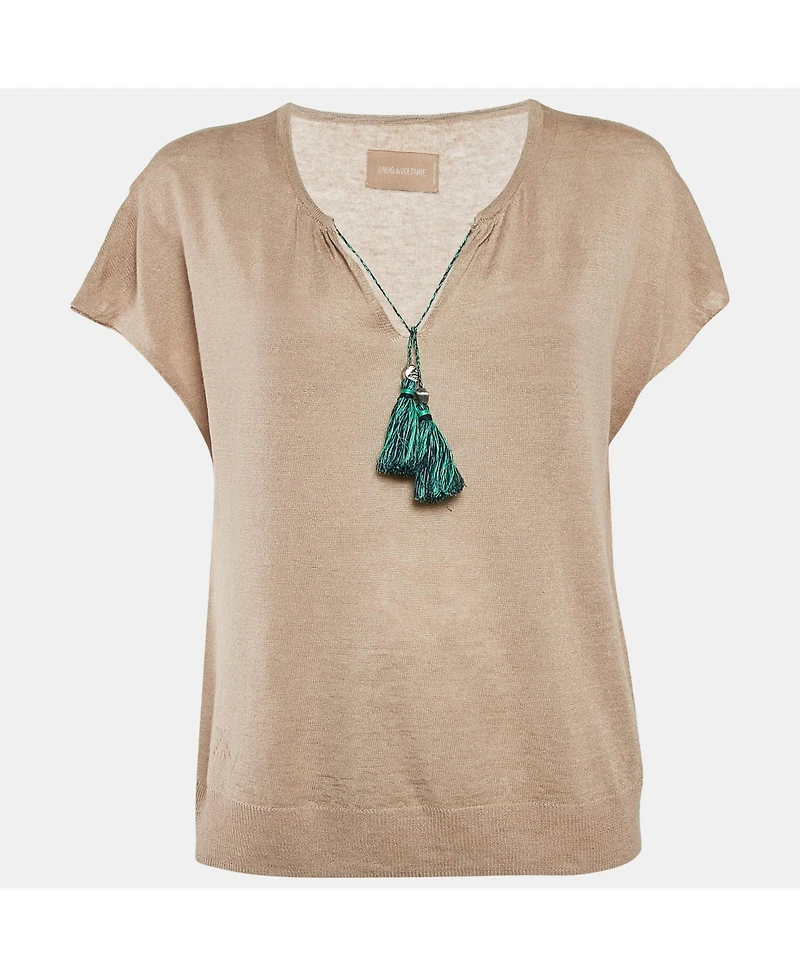 Pre-Owned Zadig & Voltaire Women's Beige Linen Knit Tie-Up Detail Card Top
