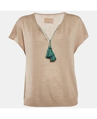 Pre-Owned Zadig & Voltaire Women's Beige Linen Knit Tie-Up Detail Card Top