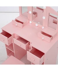 Gaomon 2-in-1 Wooden Kids Vanity Set,Tri-Fold Mirror, Stool & Drawer