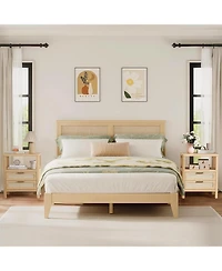 Gaomon Nightstands Set of 2,Rattan Nightstand with Drawers, Farmhouse Bedside Table with Open Wood Shelf,Narrow Side Table, Natural Oak