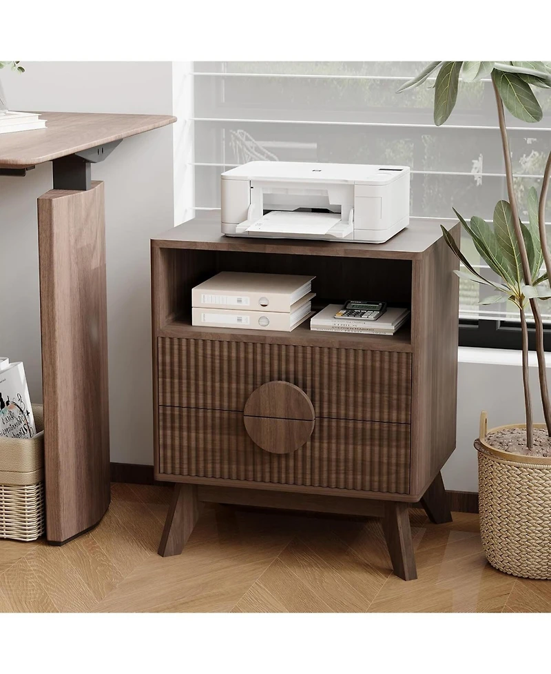 Gaomon Modern Fluted Night Stand, Bedroom Nightstand with Usb Charging Station, Wood Fluted Bedside Table with 2 Drawers, 1pcs