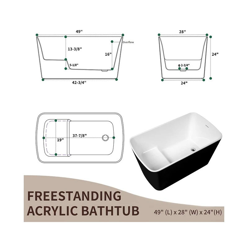 Casainc Acrylic Freestanding Soaking Tub with Sit-In Design and Chrome Overflow