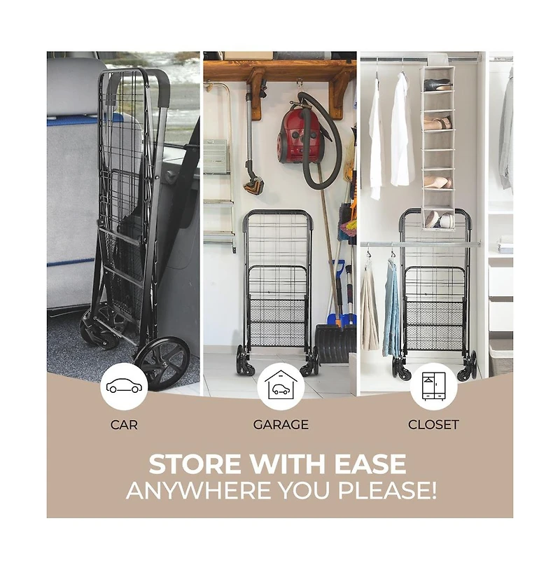 SereneLife Folding Utility Cart with Liner, Heavy-Duty, 360° Swivel Wheels, 70 lb Capacity, Portable for Groceries, Laundry & More (Blue)