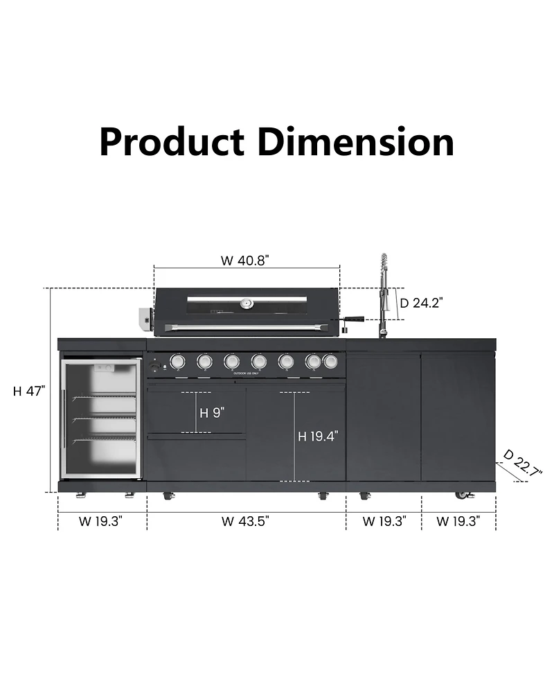 Mondawe 43" 6-Burner Gas Grill Outdoor Kitchen with Wine Cooler, Rotisserie & Granite
