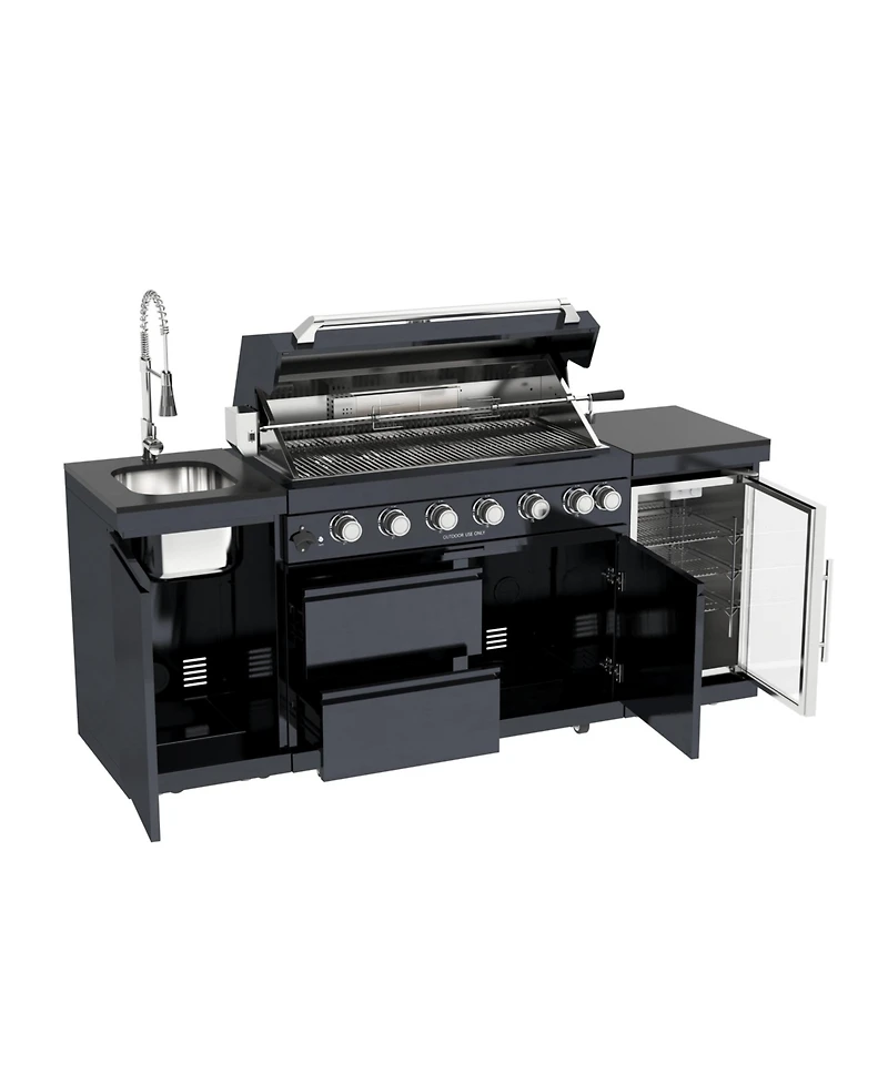 Mondawe 6-Burner Outdoor Kitchen Island Grill Set with Refrigerator, Sink & Granite Tops