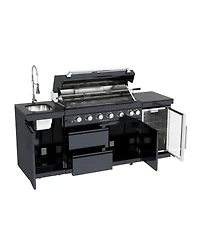 Mondawe 6-Burner Outdoor Kitchen Island Grill Set with Refrigerator, Sink & Granite Tops