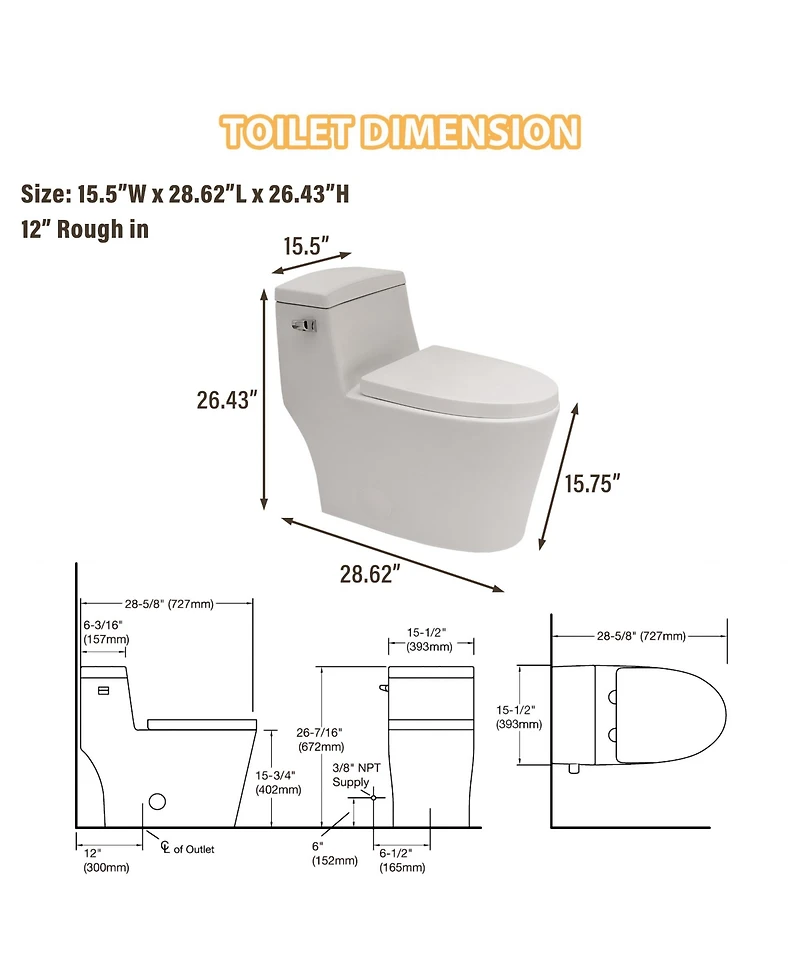 Casainc Powerful Tornado Flush One-Piece Small Compact Bathroom Fixture Elongated Comfortable Height,Glazed Surface
