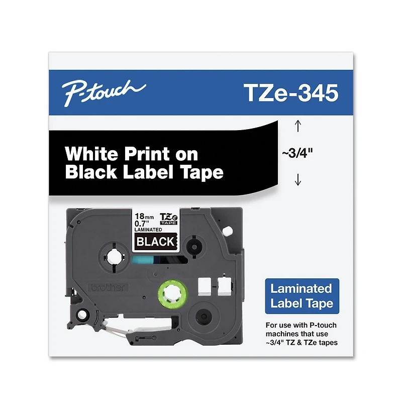 Brother P-Touch TZE345 0.7 in. x 26.2 ft. TZe Standard Adhesive Laminated Labeling Tape - White on Black