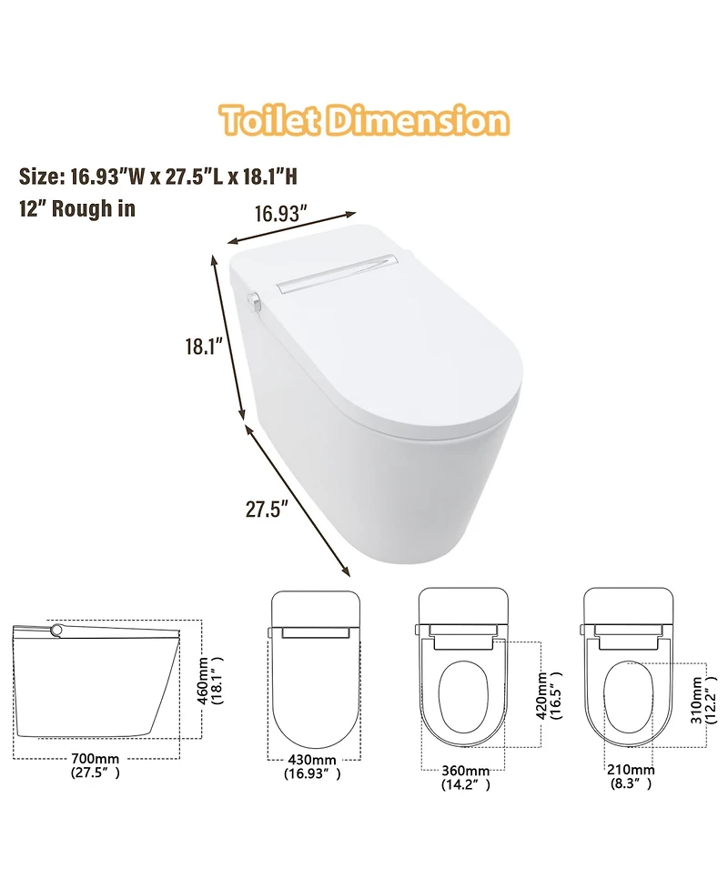 Casainc Smart Bathroom Fixture Tankless,Auto Open/Close,Elongated Heated Seat,Warm Wash/Dryer,Dryer,Night Light
