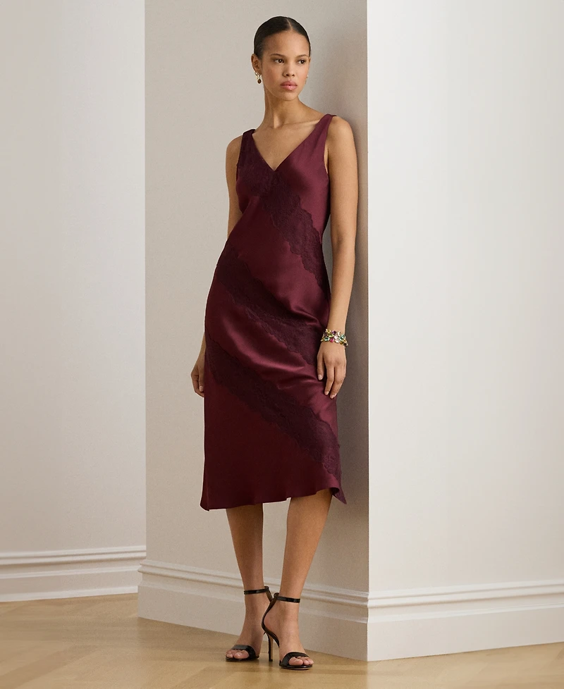 Lauren Ralph Women's Lace-Trim Charmeuse Cocktail Dress