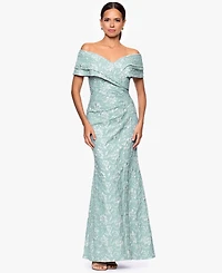 Betsy & Adam Petite Off-The-Shoulder Long Sheath Dress