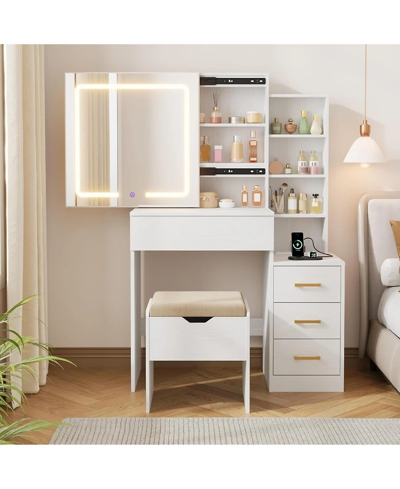 Gaomon Vanity Desk with Sliding Mirror & Lights, 4 Drawers, 7 Shelves, Charging Station, Stool Included, 3 Lighting Modes, Modern Makeup