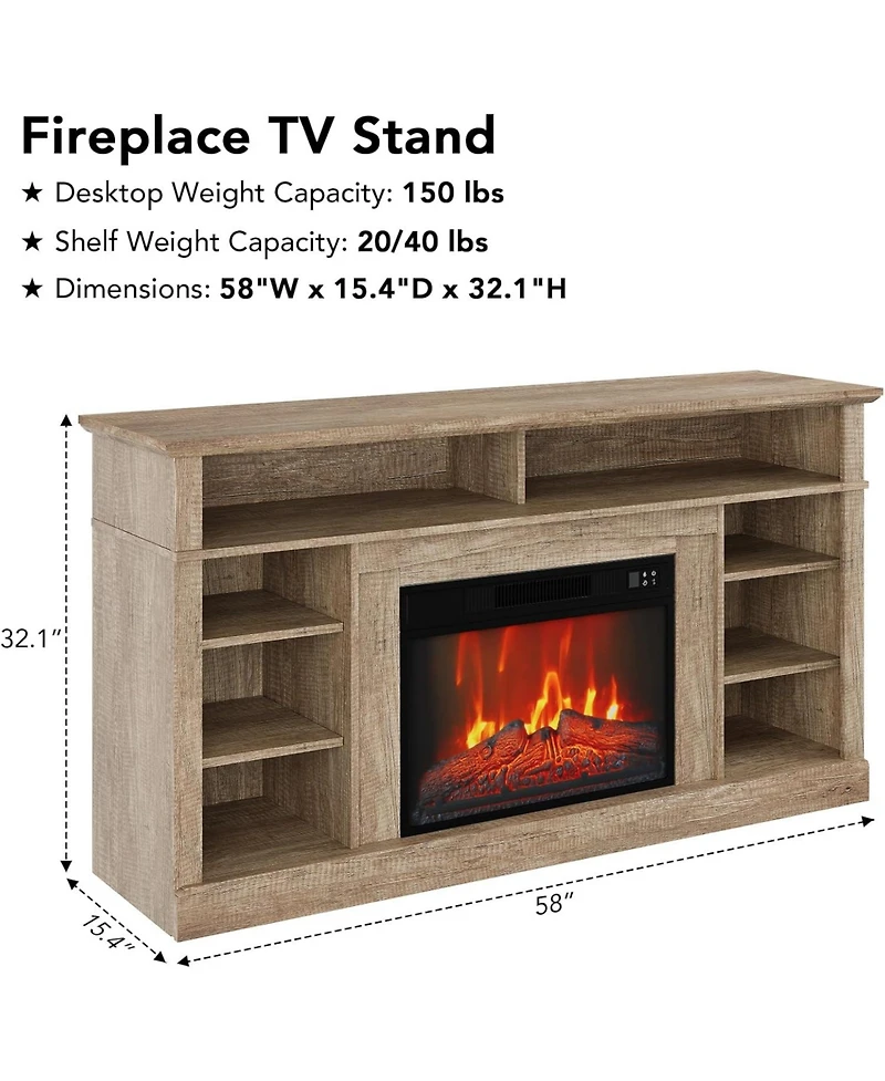 gaomon Fireplace Tv Stand for 58" Tv, 23" Fireplace Insert with Remote, Led Flame, Timer, Media Console, Freestanding