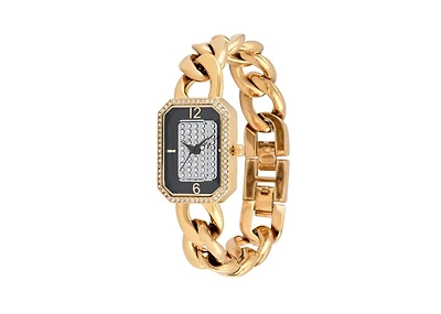 Peugeot Womens 14K Gold-Plated Rectangular Link Bracelet Watch-Crystal Studded Face