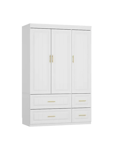 Homsee 3-Door Big Wardrobe Armoires with Hanging Rod, 4-Drawers, Storage Shelves
