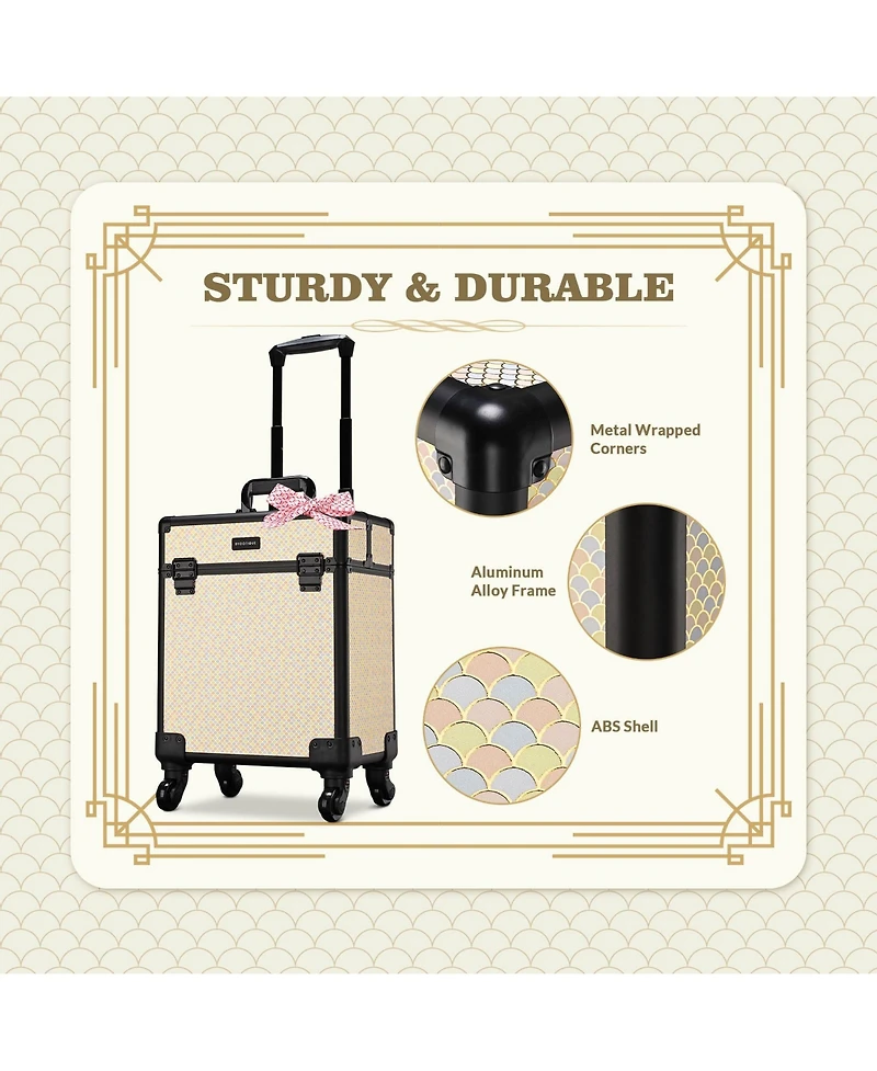 Byootique Rolling Makeup Train Case on Wheels Cosmetic Trolley Art Deco Pastel