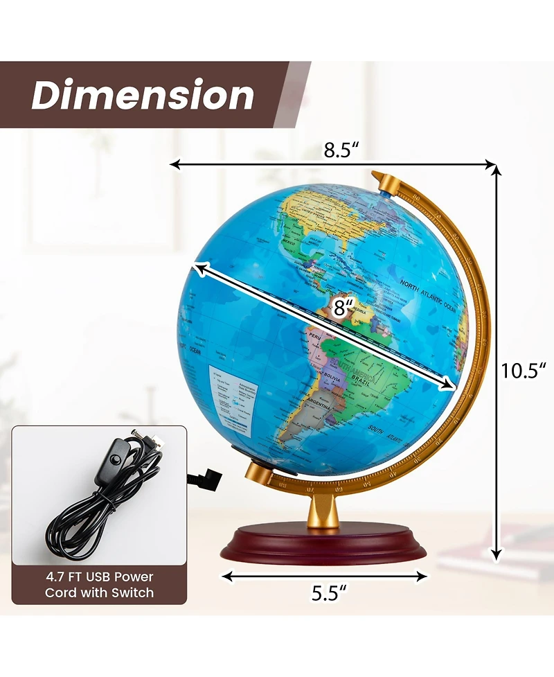 Hongge 8 Inch Led Illuminated World Globe With Wooden Base And Usb Power Cord