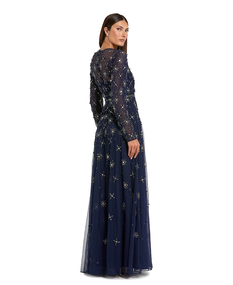 Mac Duggal Women's Long Sleeve Crystal Embellished Evening Gown
