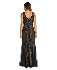 R & M Richards Women's Sequined V-Neck Godet Gown