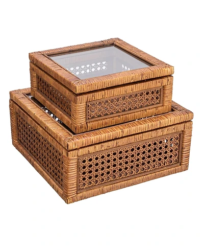 Storied Home Modern Decorative Square Display Boxes with Glass Top, Set of 2 Sizes, Dark Brown Finish