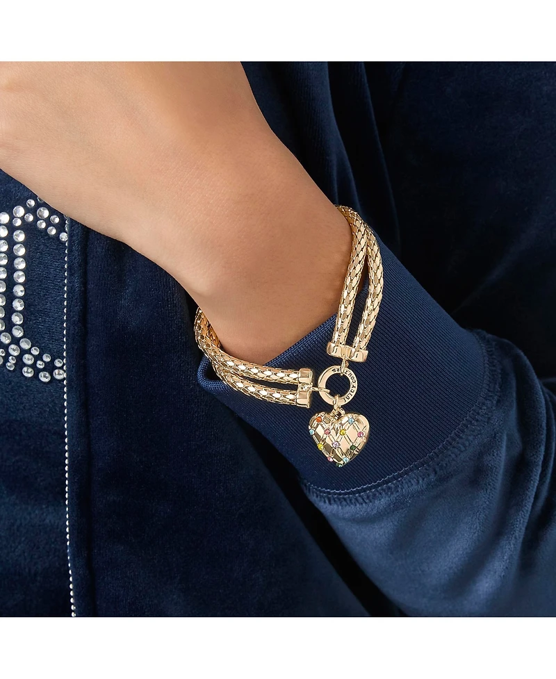 Juicy Couture Double Chain Heart Padlock Bracelet, Gold Tone with Rainbow Crystals