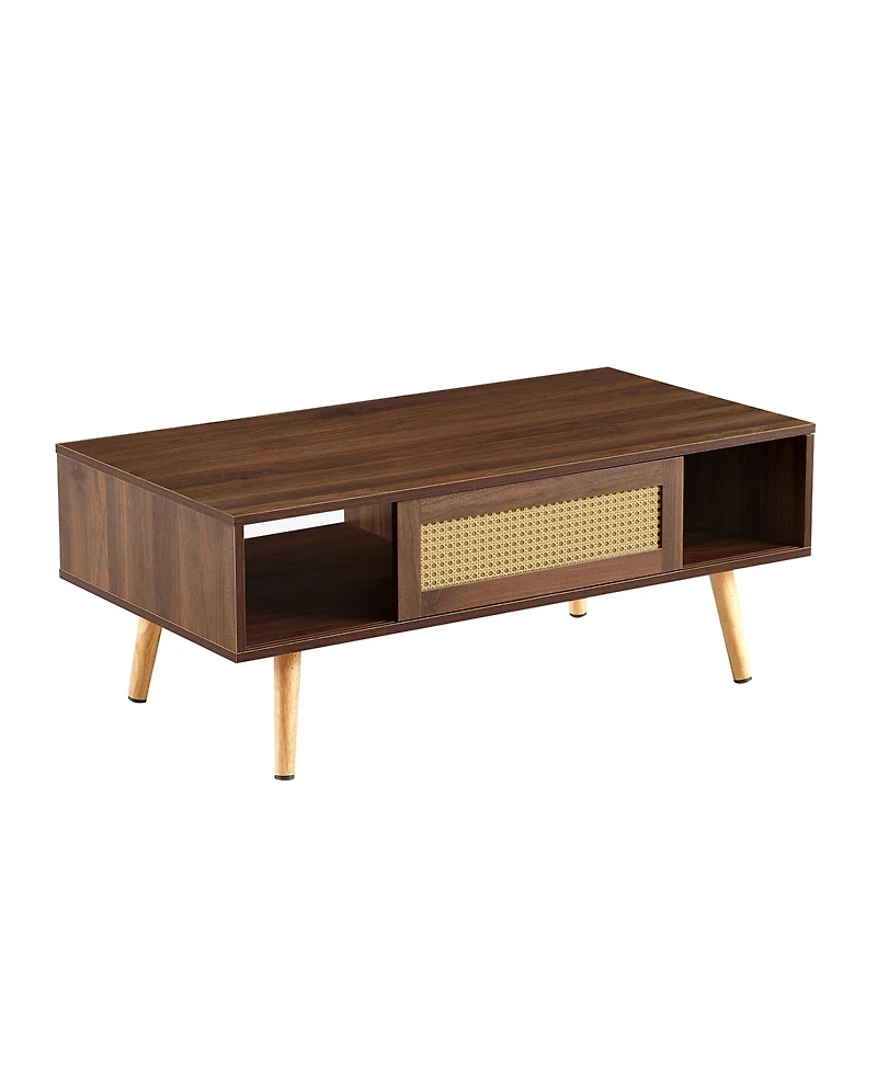sumyeg Pe Rattan Coffee Table with Sliding Storage Door and Solid Wood Legs for Living Room