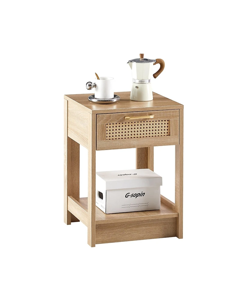 sumyeg Modern Rattan End Table with Drawer Nightstand Side