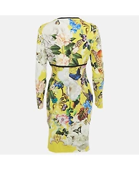 Pre-Owned Roberto Cavalli Women's Yellow Floral Print Jersey Ruched Detail Short Dress