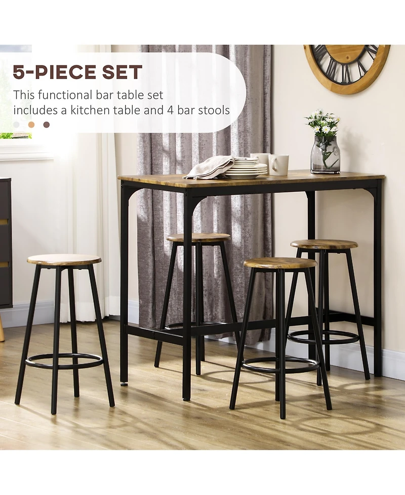 Homcom 5-Piece Rustic Bar Table and Stool Set for Dining Room