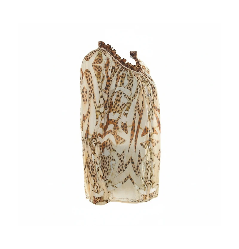 Pre-Owned Roberto Cavalli Women's Beige Leopard Printed Cotton Ruched Neckline Poet Blouse