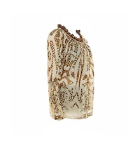 Pre-Owned Roberto Cavalli Women's Beige Leopard Printed Cotton Ruched Neckline Poet Blouse