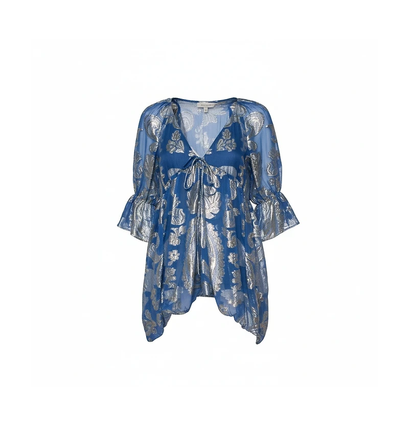 Pre-Owned Stella Mccartney Women's Blue Floral Lamandeacute Asymmetrical Hem Top