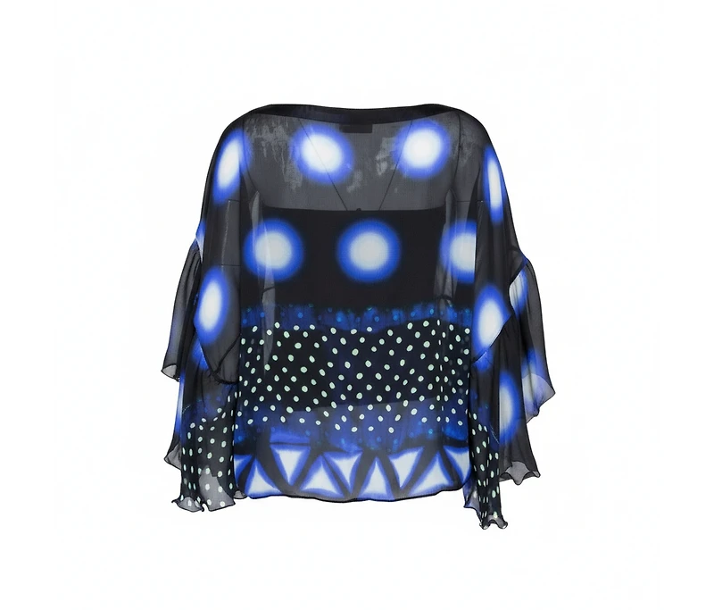 Pre-Owned Roberto Cavalli Women's Blue & Black Printed Silk Sheer Blouse
