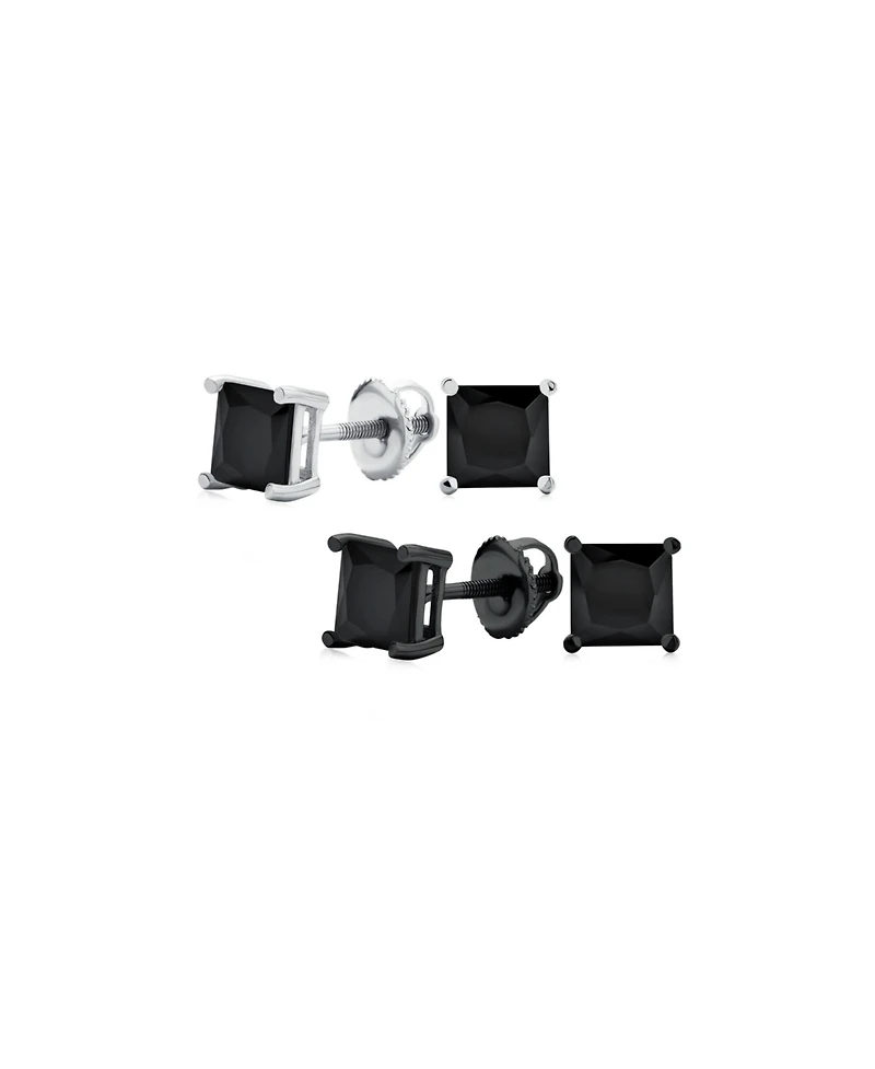 Bling Jewelry Classic Set of 2 Multi Color Square Cz Cubic Zirconia Stud Earrings Silver Black Plated Screwback Posts 8MM