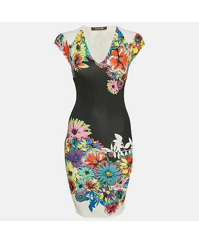 Pre-Owned Roberto Cavalli Women's Black Floral Print Jersey Mini Dress