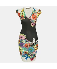 Pre-Owned Roberto Cavalli Women's Black Floral Print Jersey Mini Dress