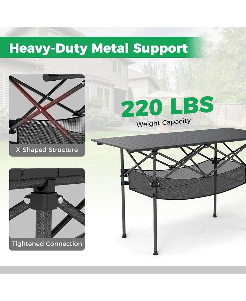 Costway Patio Folding Camping Table with Aluminum Roll-up Tabletop & Mesh Basket