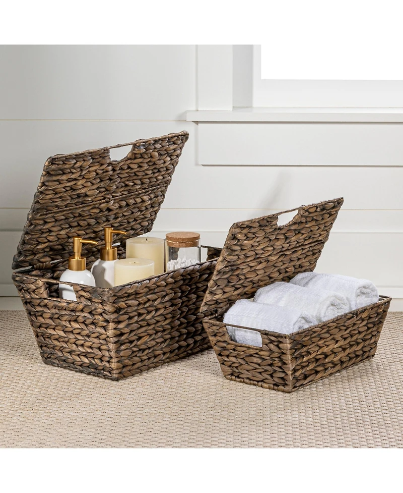 Happimess Wilder Classic Farmhouse Woven Hyacinth Rectangular Storage Baskets with Lids and Handles (Set of 2
