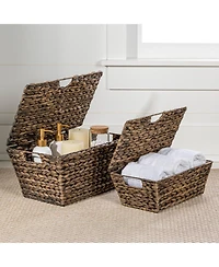 Happimess Wilder Classic Farmhouse Woven Hyacinth Rectangular Storage Baskets with Lids and Handles (Set of 2