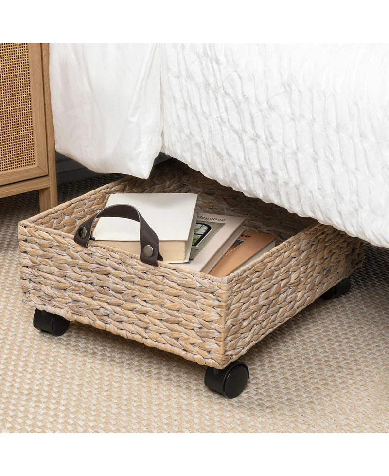 18.11" Hand-Woven Hyacinth Rectangular Underbed Storage Bin with Wheels and Handles