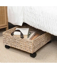 18.11" Hand-Woven Hyacinth Rectangular Underbed Storage Bin with Wheels and Handles