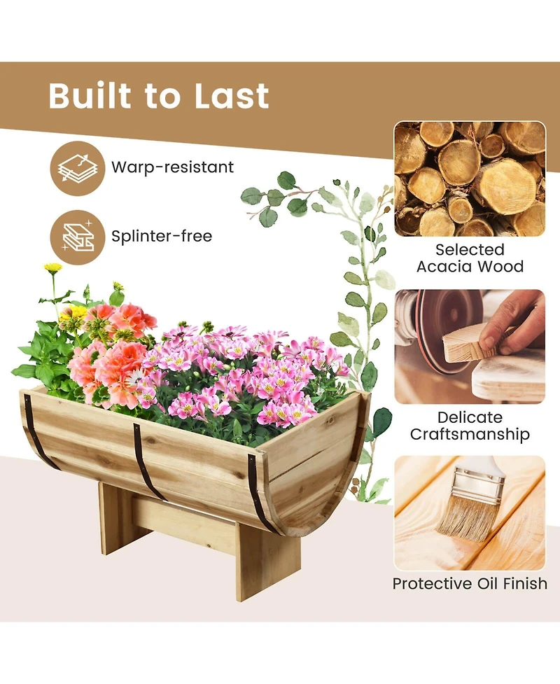 Costway Outdoor Wooden Planter Solid Acacia Wood Half-Barrel Planter Box with Legs