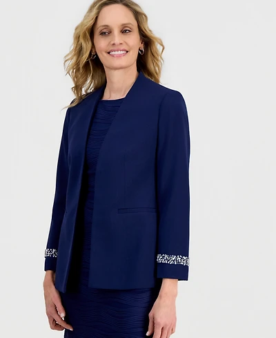 Kasper Women's Stretch Crepe Collarless Embellished Bracelet-Sleeve Jacket