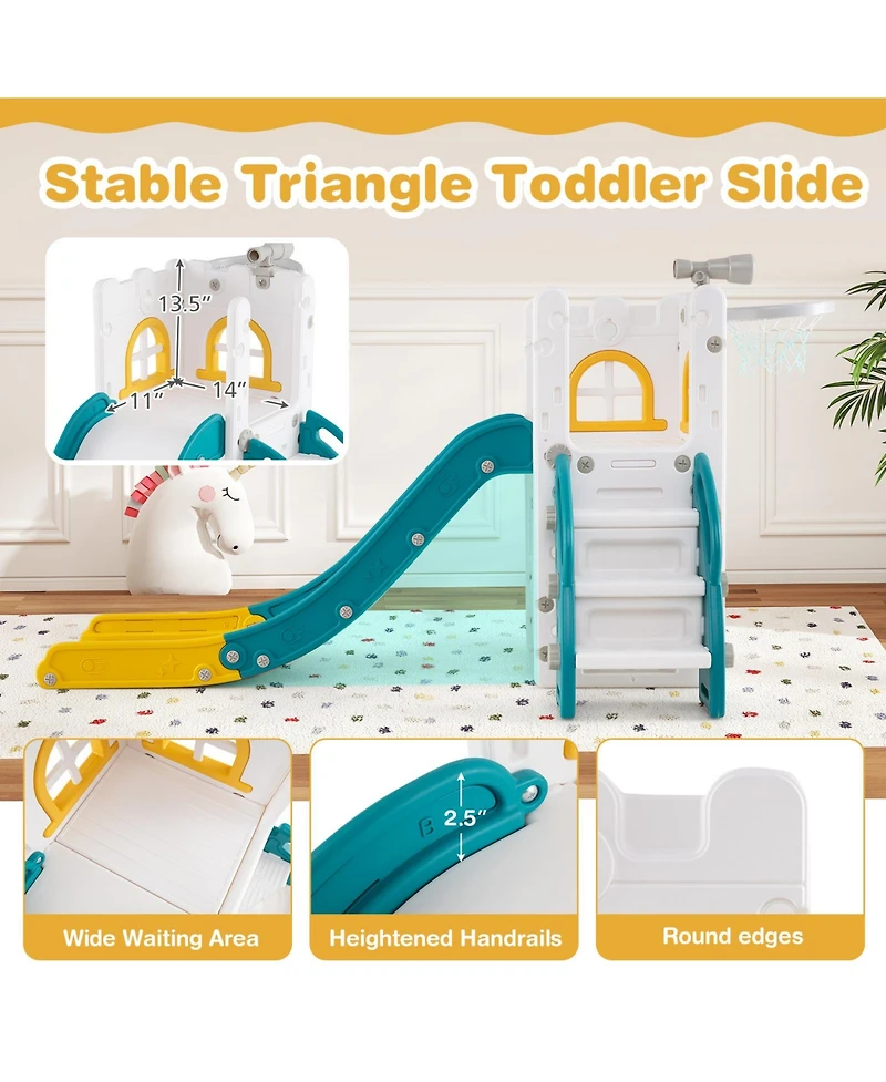 Hongge 6 In 1 L Shaped Toddler Slide With Climber Basketball Hoop Telescope And Storage Area