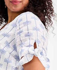 Charter Club Plus Woven Linen King Street Palm Tie-Sleeve Top, Macy's Exclusive