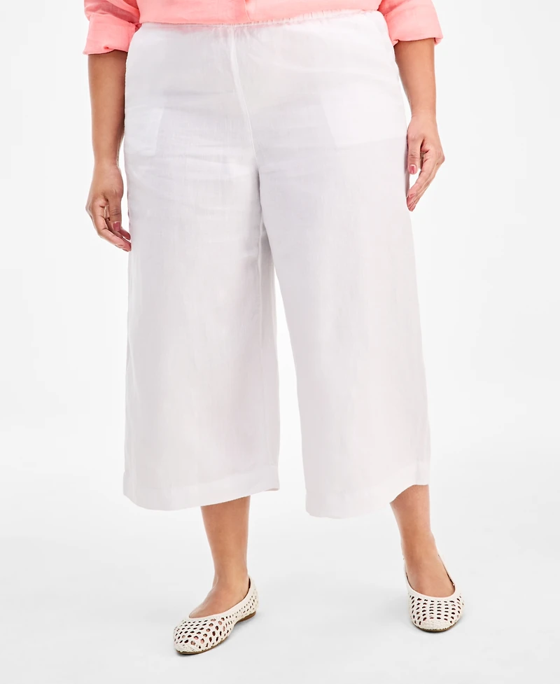 Charter Club Plus Woven Linen Cropped Wide-Leg Pants, Macy's Exclusive