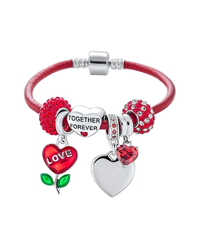 Bling Jewelry Love Heart Valentine European Bead Charm Bracelet Red Leather Sterling Silver